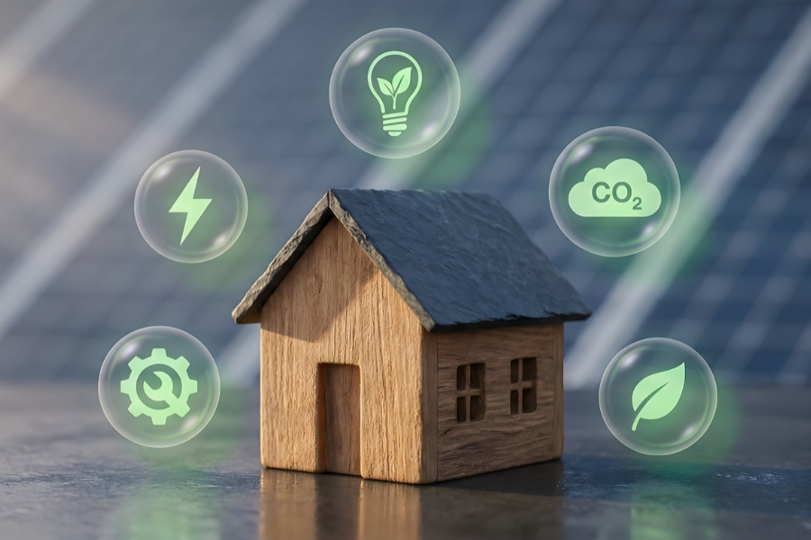 Model domu z ikonami ekologii - fotowoltaika, energia, redukcja CO2