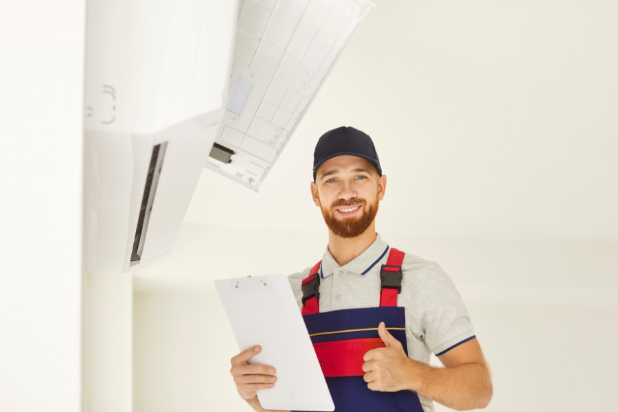 Instalator klimatyzacji podczas montażu u klienta